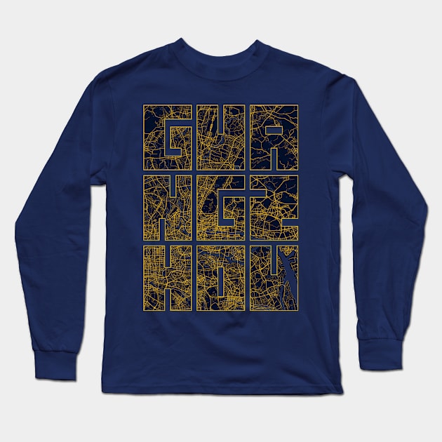 Guangzhou, China City Map Typography - Gold Art Deco Long Sleeve T-Shirt by deMAP Studio